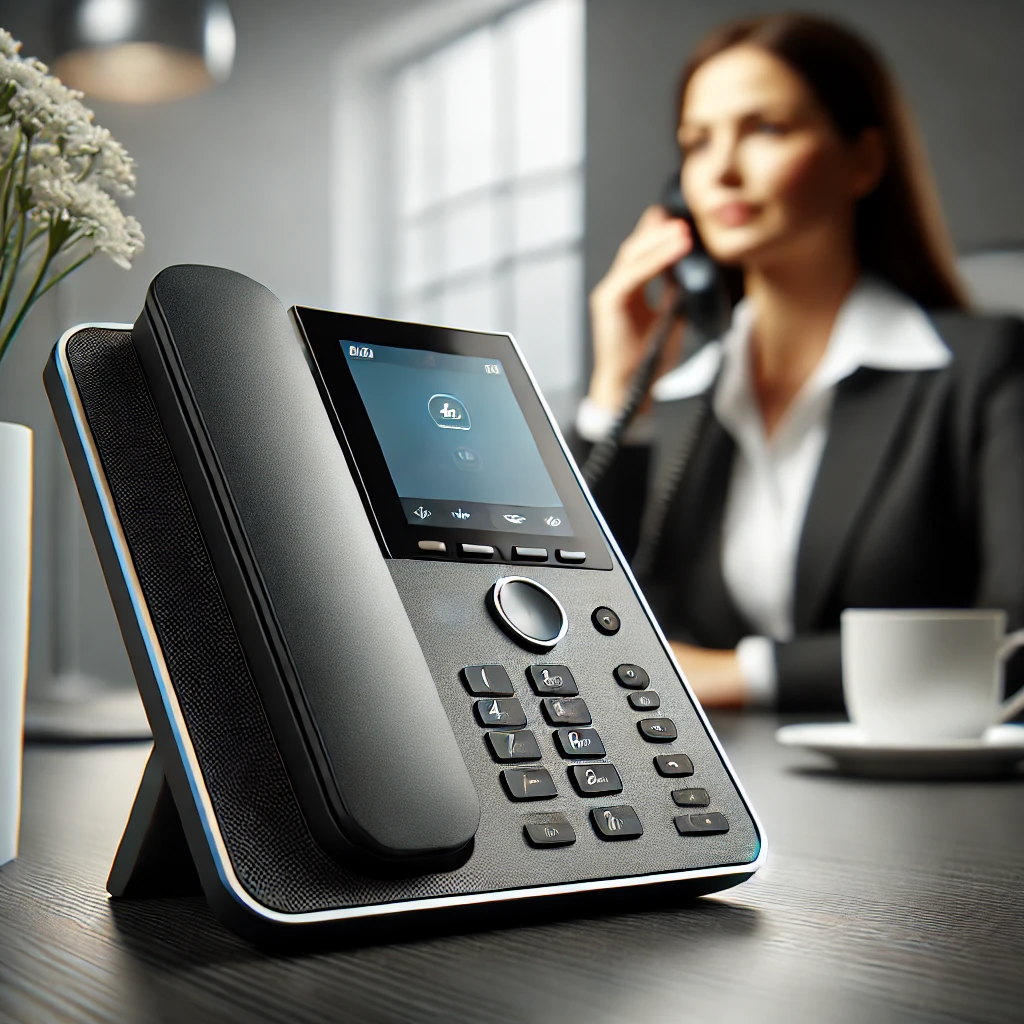 A modern business office with a high-tech VoIP phone on a sleek desk. In the background, a professional woman is engaged in a phone call, representing seamless communication with an upgraded phone system